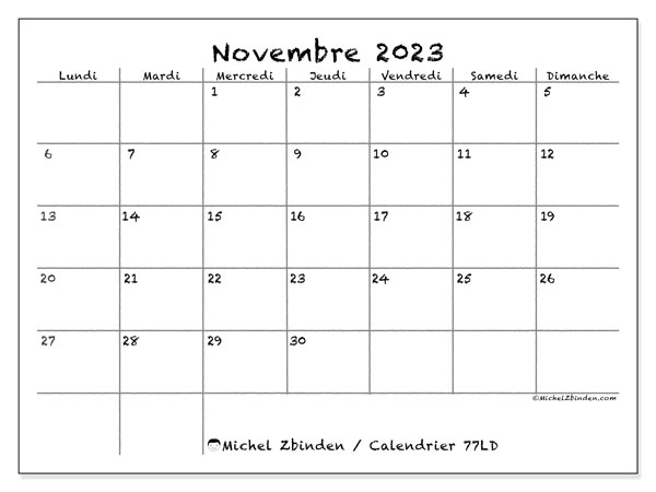 Calendrier novembre 2023 à imprimer. Calendrier mensuel “77LD” et planning imprimable gratuit
