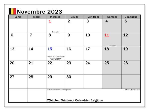 Kalendarz listopad 2023, Belgia (FR). Darmowy program do druku.