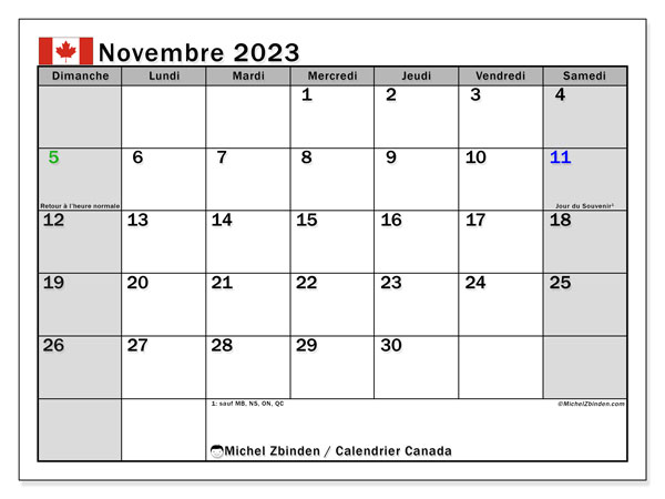 Calendrier novembre 2023, Canada, prêt à imprimer et gratuit.