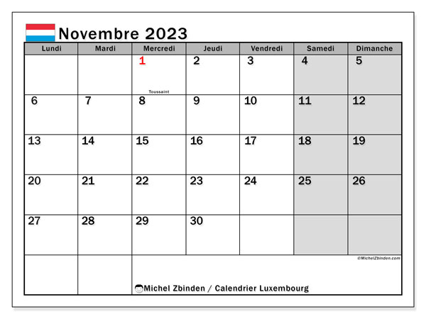 Calendrier novembre 2023, Luxembourg, prêt à imprimer et gratuit.
