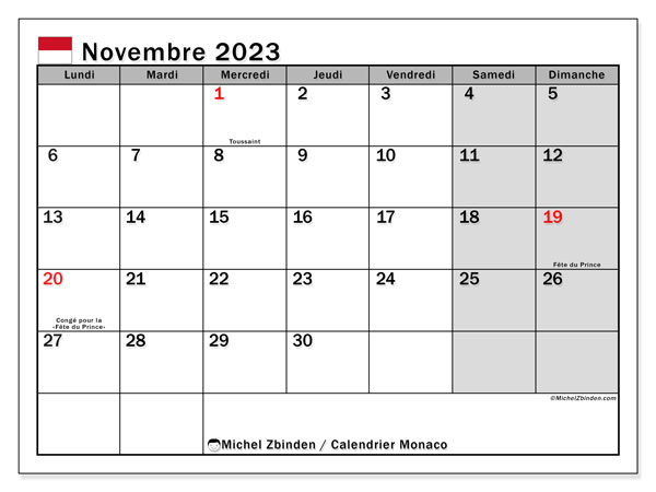 Calendrier novembre 2023, Monaco, prêt à imprimer et gratuit.