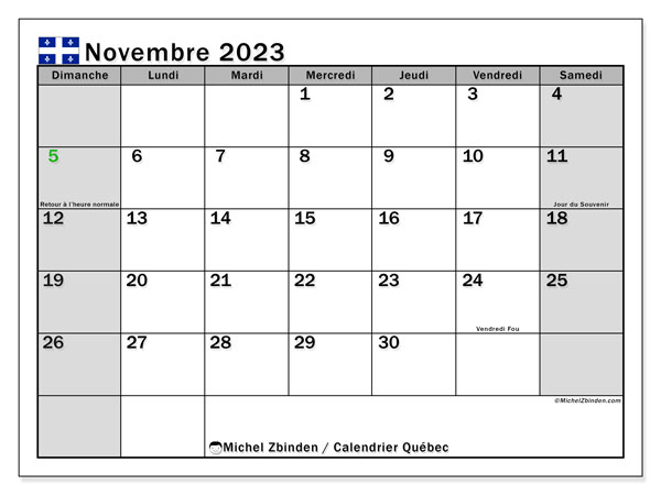 Calendrier novembre 2023, Québec, prêt à imprimer et gratuit.