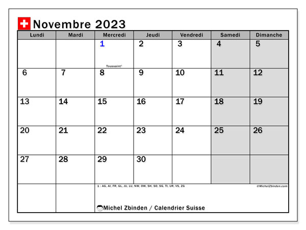 Kalenteri marraskuu 2023, Sveitsi (FR). Ilmainen tulostettava kalenteri.