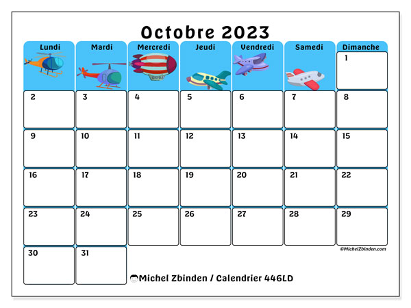 Calendrier octobre 2023 “446”. Plan à imprimer gratuit.. Lundi à dimanche