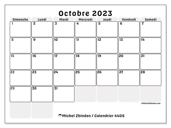 Calendrier octobre 2023 “44”. Programme à imprimer gratuit.. Dimanche à samedi