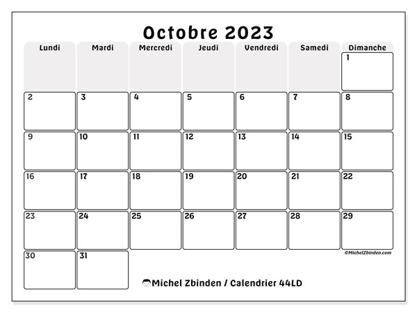 Calendrier octobre 2023 à imprimer. Calendrier mensuel “44LD” et agenda gratuit à imprimer