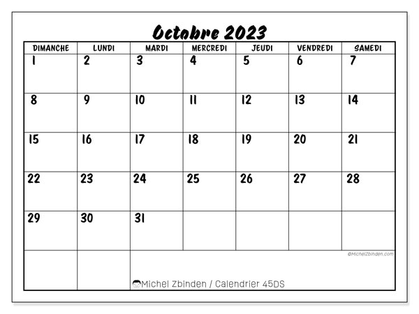 Calendrier octobre 2023 “45”. Calendrier à imprimer gratuit.. Dimanche à samedi