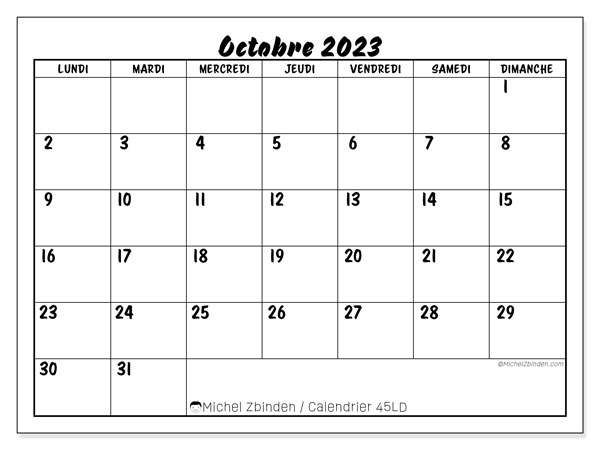Calendrier octobre 2023, 45LD, prêt à imprimer et gratuit.