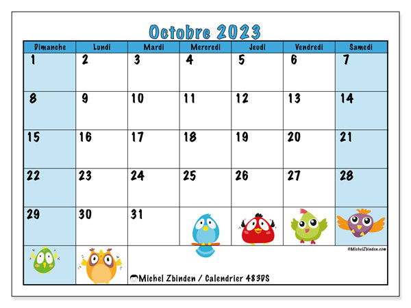 Calendrier octobre 2023 “483”. Planning à imprimer gratuit.. Dimanche à samedi