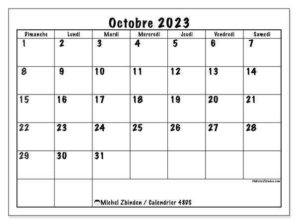 Calendrier octobre 2023 “48”. Journal à imprimer gratuit.. Dimanche à samedi