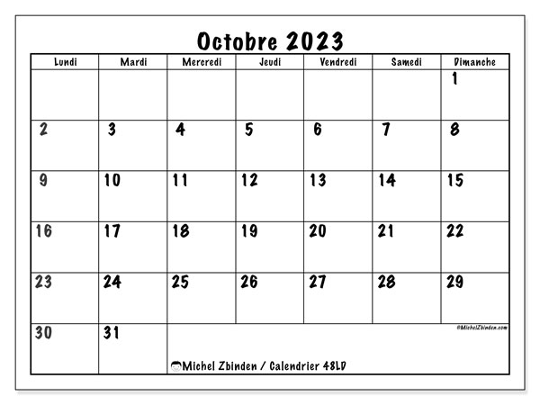 Calendrier octobre 2023 à imprimer. Calendrier mensuel “48LD” et cédule imprimable gratuite