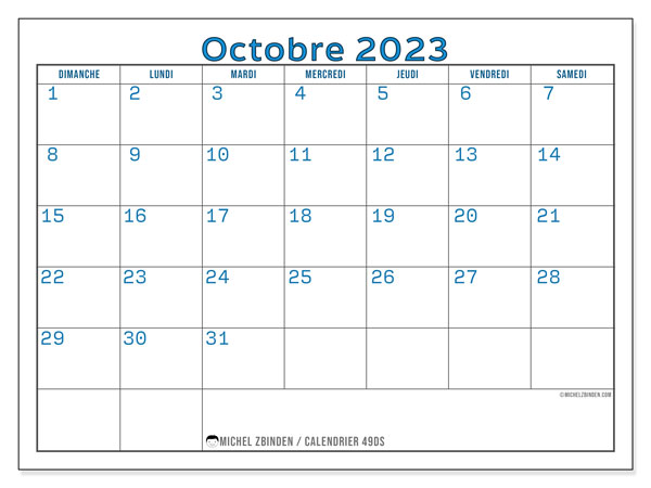 Calendrier octobre 2023, 49DS, prêt à imprimer et gratuit.