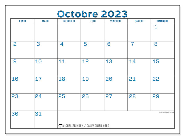 Calendrier octobre 2023, 49LD, prêt à imprimer et gratuit.