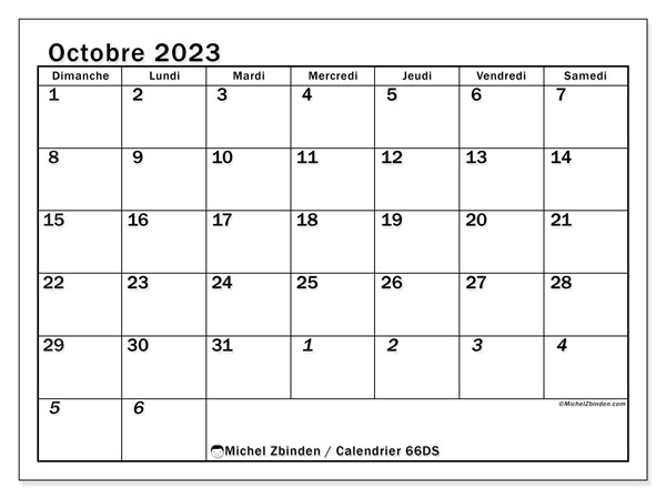 Calendrier octobre 2023 “501”. Programme à imprimer gratuit.. Dimanche à samedi