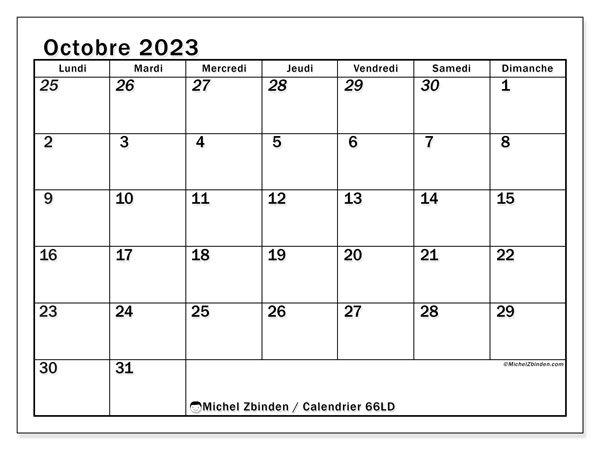 Calendrier octobre 2023 “501”. Programme à imprimer gratuit.. Lundi à dimanche