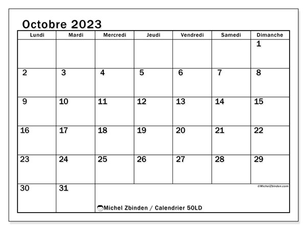 Calendrier octobre 2023 “50”. Calendrier à imprimer gratuit.