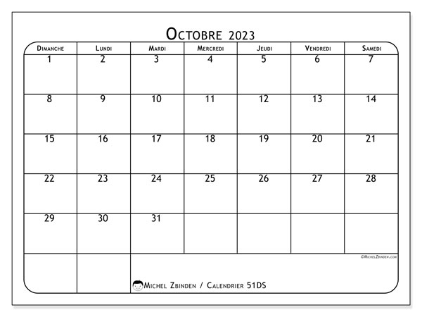 Calendrier octobre 2023 à imprimer. Calendrier mensuel “51DS” et planificateur gratuit à imprimer