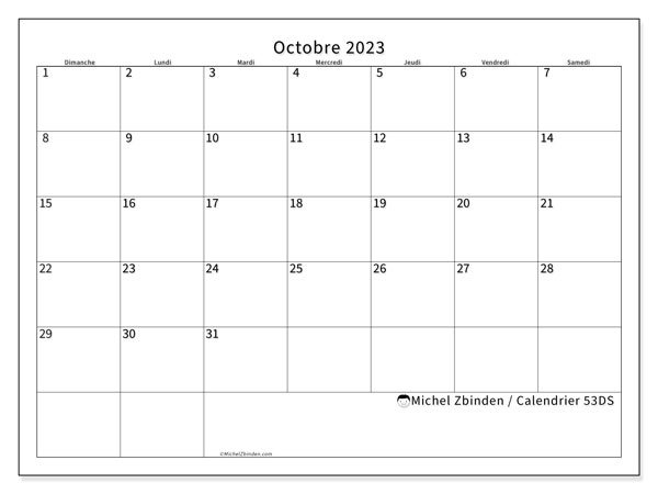 Calendrier octobre 2023 “53”. Planning à imprimer gratuit.. Dimanche à samedi