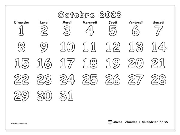 Calendrier octobre 2023 à imprimer. Calendrier mensuel “56DS” et cédule imprimable gratuite