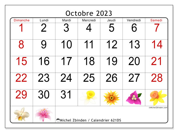 Calendrier octobre 2023 “621”. Plan à imprimer gratuit.. Dimanche à samedi