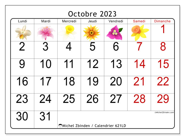 Calendrier octobre 2023 “621”. Plan à imprimer gratuit.. Lundi à dimanche