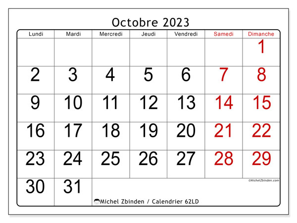 Calendrier octobre 2023 à imprimer. Calendrier mensuel “62LD” et agenda à imprimer gratuit