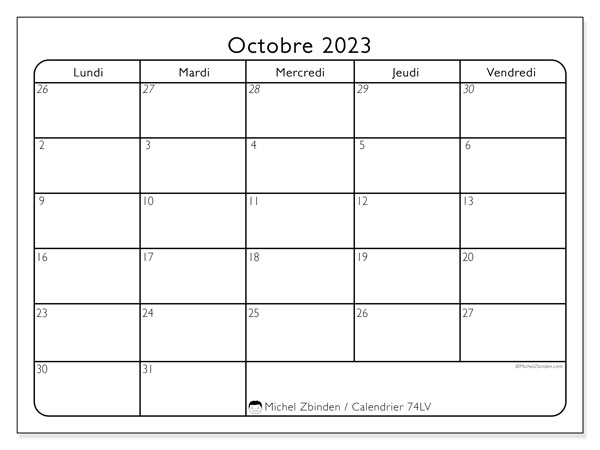 Calendrier octobre 2023, 74LD, prêt à imprimer et gratuit.