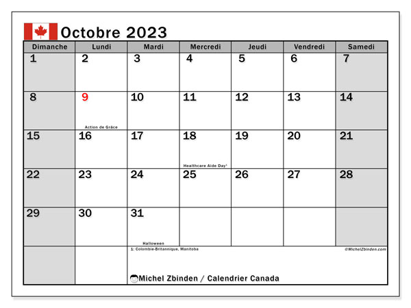 Calendrier octobre 2023 “Canada”. Programme à imprimer gratuit.. Dimanche à samedi