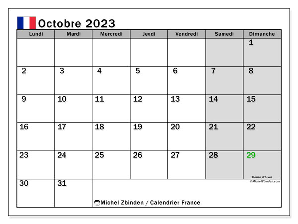 Calendrier octobre 2023, France, prêt à imprimer et gratuit.