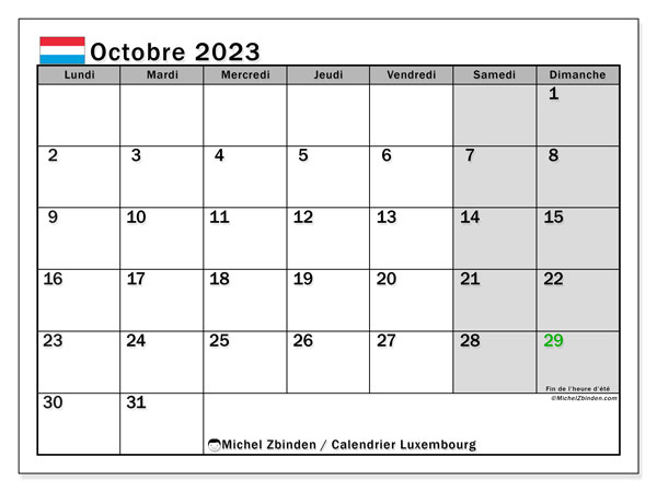 Calendrier “Luxembourg” à imprimer, avec jours fériés. Calendrier mensuel octobre 2023 et agenda gratuit à imprimer.