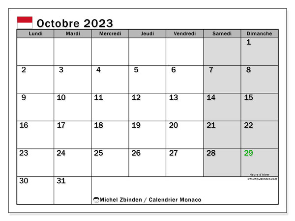 Kalender oktober 2023, Monaco (FR). Gratis afdrukbare kalender.