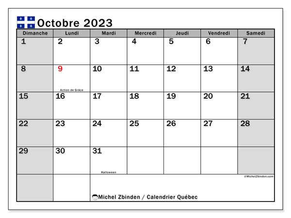 Kalenteri lokakuu 2023, Quebec (FR). Ilmainen tulostettava lehti.