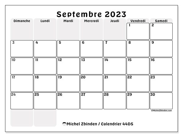 Calendrier septembre 2023 à imprimer. Calendrier mensuel “44DS” et agenda gratuit à imprimer