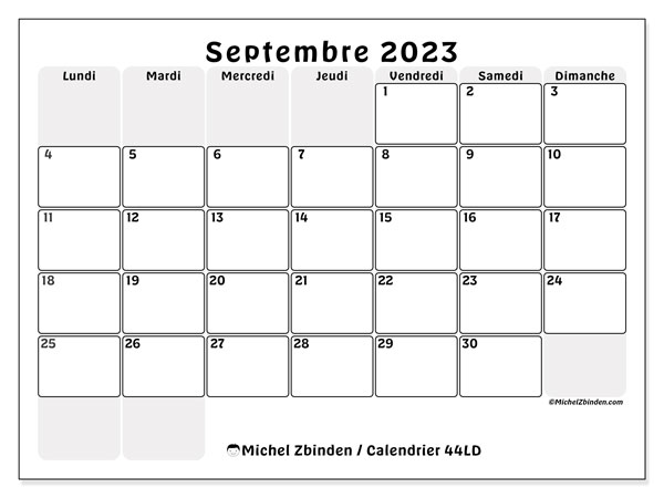 Calendrier septembre 2023 à imprimer. Calendrier mensuel “44LD” et cédule gratuite à imprimer