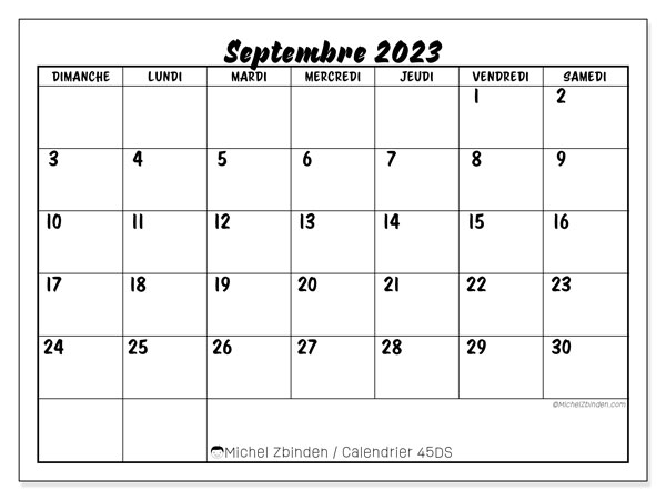 Calendrier septembre 2023 “45”. Calendrier à imprimer gratuit.. Dimanche à samedi