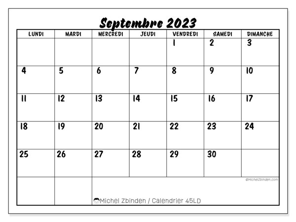 Calendrier septembre 2023, 45LD. Planning à imprimer gratuit.