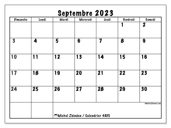 Calendrier septembre 2023 à imprimer. Calendrier mensuel “48DS” et agenda à imprimer gratuit