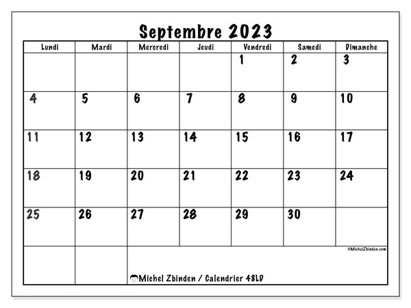 Calendrier septembre 2023 à imprimer. Calendrier mensuel “48LD” et cédule gratuite à imprimer