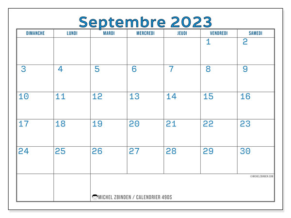 Calendrier septembre 2023, 49DS. Planning à imprimer gratuit.