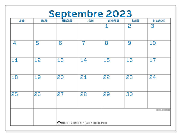 Calendrier septembre 2023, 49LD, prêt à imprimer et gratuit.