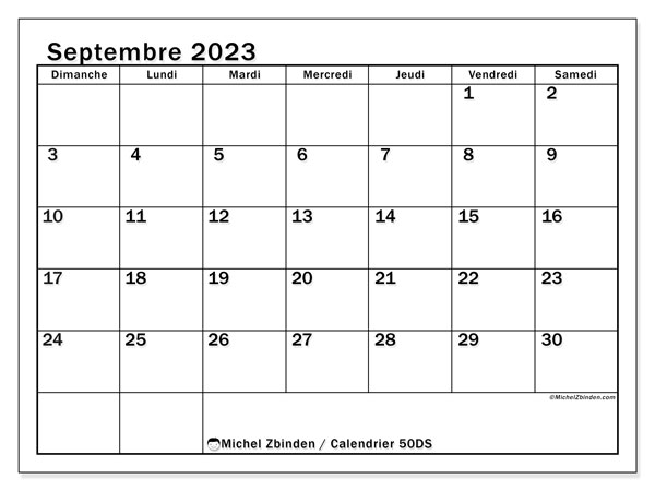 Calendrier septembre 2023 à imprimer. Calendrier mensuel “50DS” et planning gratuit à imprimer