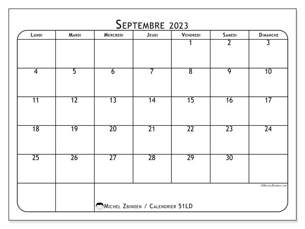 Calendrier septembre 2023 à imprimer. Calendrier mensuel “51LD” et planning imprimable gratuit