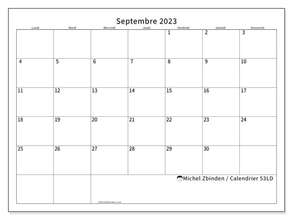 Calendrier septembre 2023 à imprimer. Calendrier mensuel “53LD” et planning imprimable gratuit