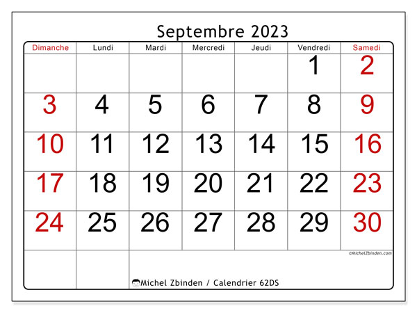 Calendrier septembre 2023 à imprimer. Calendrier mensuel “62DS” et planning à imprimer gratuit
