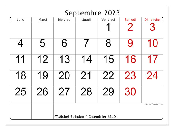 Calendrier septembre 2023 à imprimer. Calendrier mensuel “62LD” et planning imprimable gratuit