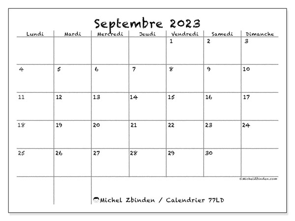 Calendrier septembre 2023 à imprimer. Calendrier mensuel “77LD” et planificateur gratuit à imprimer