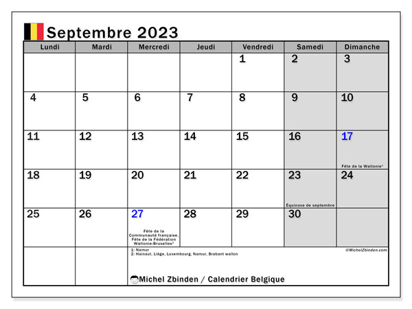 Calendário Setembro 2023, Bélgica (FR). Mapa gratuito para impressão.