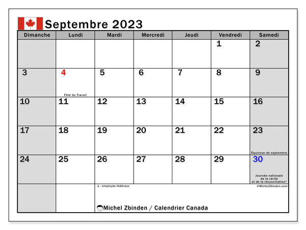 Calendar septembrie 2023, Canada (FR). Calendar pentru imprimare gratuit.