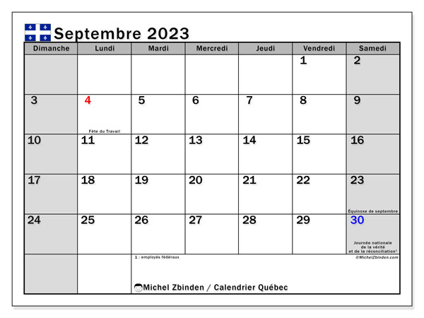 Kalendarz wrzesień 2023, Quebec (FR). Darmowy program do druku.