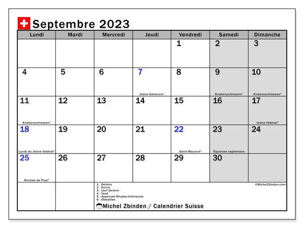 Calendrier septembre 2023, Suisse (FR), prêt à imprimer et gratuit.